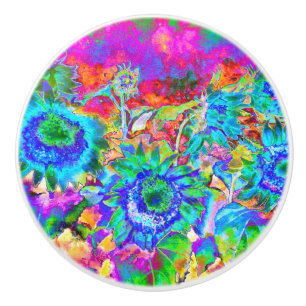 Bouton De Porte En Céramique Elégant bleu turquoise de fleurs de soleil