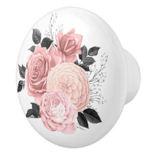 Bouton De Porte En Céramique Élégant Blush Rose Gold Floral Roses