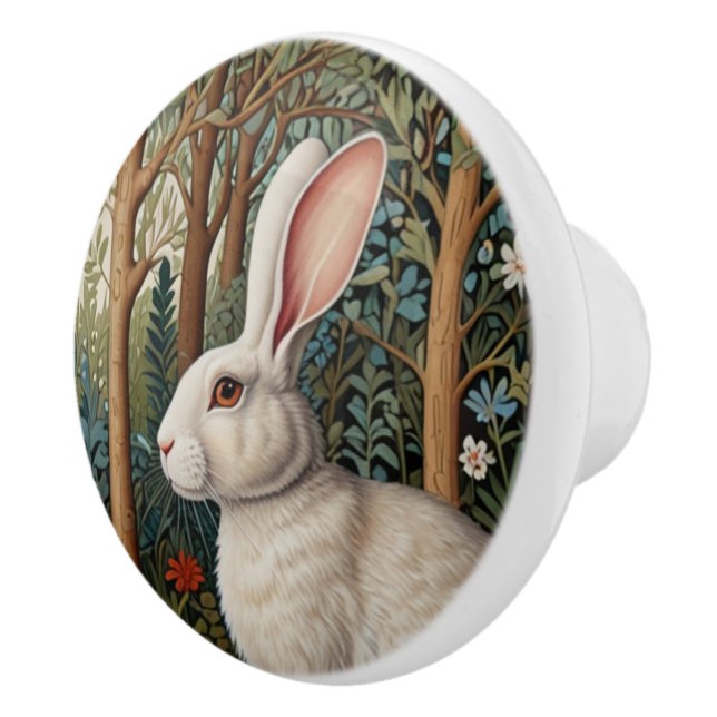 Bouton De Porte En Céramique Élégant boho rétro lapin blanc boisé fleuri (Droite)