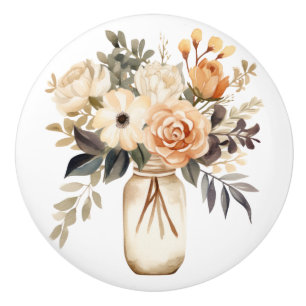 Bouton De Porte En Céramique Élégant Bouton en Céramique Fleurs Beige Marron