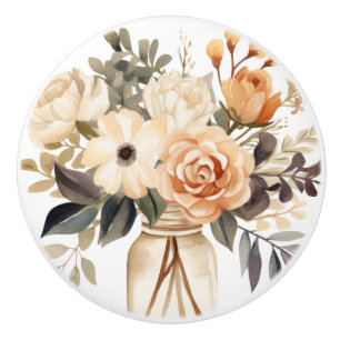 Bouton De Porte En Céramique Élégant Bouton en Céramique Fleurs Beige Marron