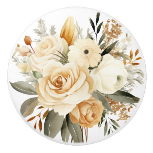 Bouton De Porte En Céramique Élégant Bouton en Céramique Fleurs Beige Marron