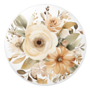 Bouton De Porte En Céramique Élégant Bouton en Céramique Fleurs Beige Marron