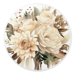 Bouton De Porte En Céramique Élégant Bouton en Céramique Fleurs Beige Marron