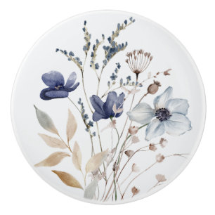 Bouton De Porte En Céramique Élégant Chic Aquarelle Fleur Floral Bleu Marine