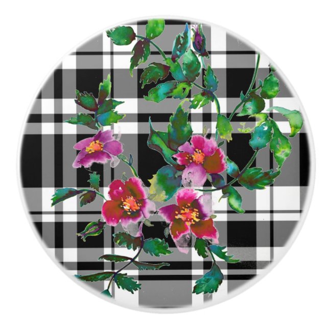 Bouton De Porte En Céramique Elégant classique rouge aquarelle floral noir blan (Devant)