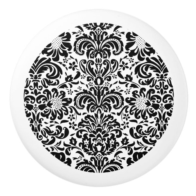 Bouton De Porte En Céramique Élégant Damas Florales Noir Et Blanc (Devant)
