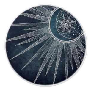 Bouton De Porte En Céramique Élégant Doodle Mandala Blue Moon Silver