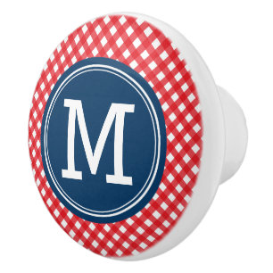 Bouton De Porte En Céramique Élégant En vichy rouge pique-nique et monogramme b