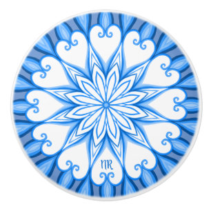 Bouton De Porte En Céramique Elégant esthétique blanc & bleu Mandala Monogramme