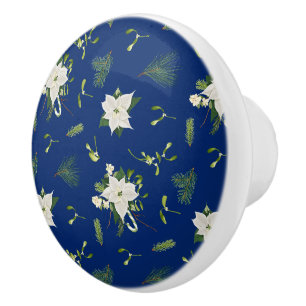 Bouton De Porte En Céramique Élégant floral blanc et vert illustré sur fond mar