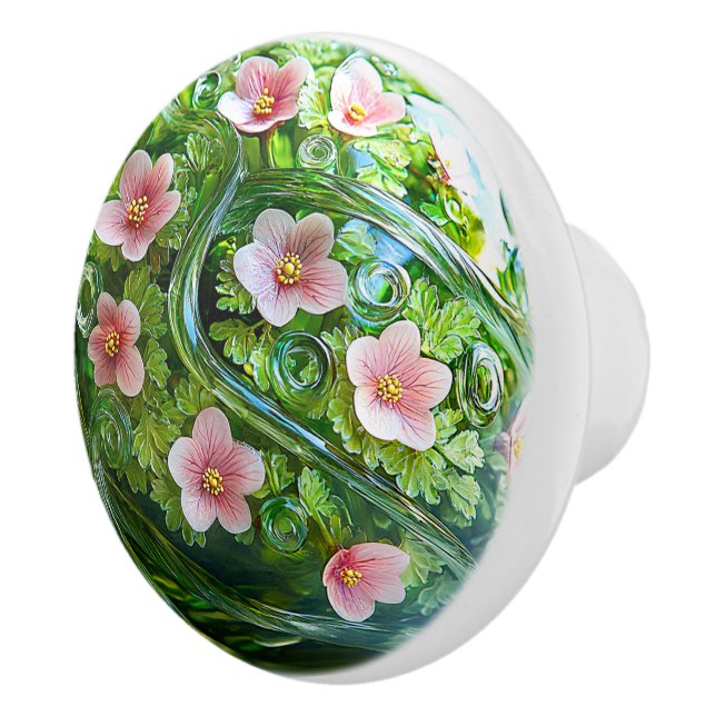 Bouton De Porte En Céramique Elegant Glass Orb Pink Flowers Greenery  (Droite)
