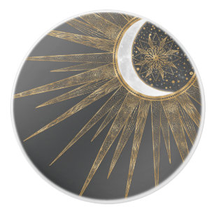 Bouton De Porte En Céramique Elegant Gold Doodles Sun Moon Mandala Design