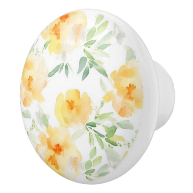 Bouton De Porte En Céramique Elégant jaune pêche orange aquarelle fleurie (Droite)