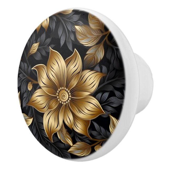 Bouton De Porte En Céramique Élégant modèle floral d'or noir (Droite)