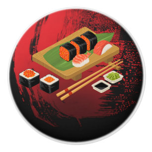 Bouton De Porte En Céramique Élégant Moderne Chic Sushi Noir & Rouge
