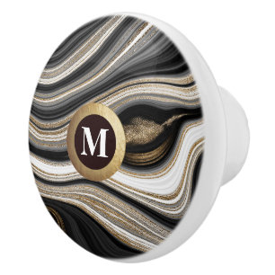 Bouton De Porte En Céramique Élégant Monogramme Black Gold White Agate