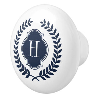 Bouton De Porte En Céramique Élégant Monogramme de couronne bleu nuit