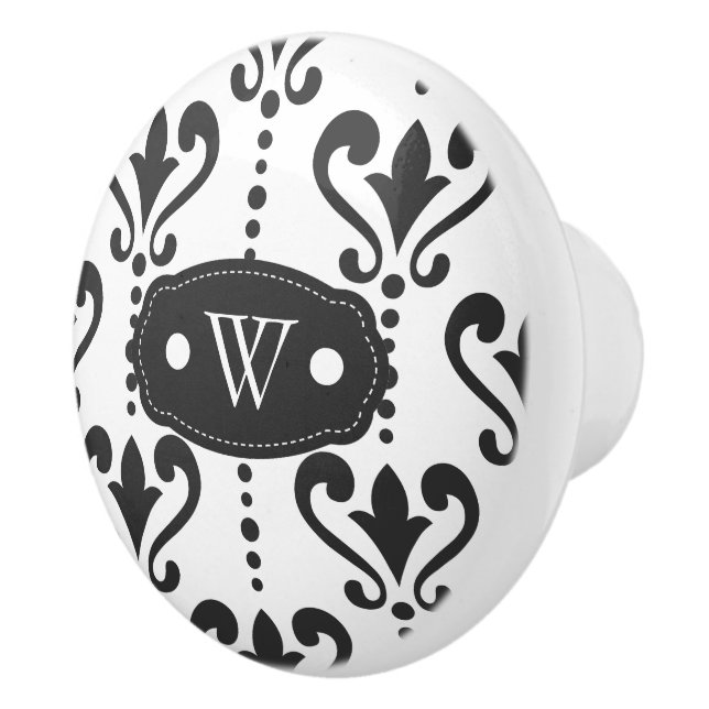 Bouton De Porte En Céramique Élégant Monogramme noir et blanc damassé (Droite)