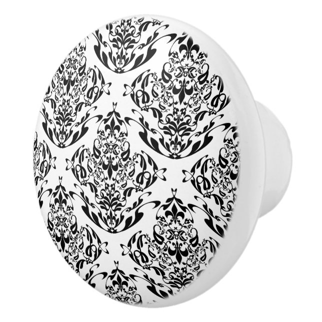 Bouton De Porte En Céramique Élégant Motif Boho Floral Noir Et Blanc (Droite)