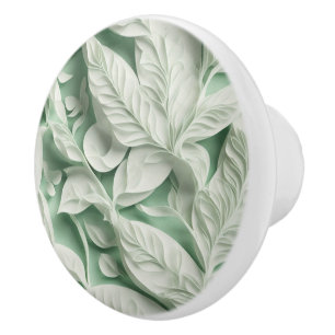 Bouton De Porte En Céramique Élégant motif de feuille botanique blanc vert vint