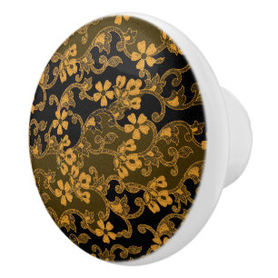 Bouton De Porte En Céramique Élégant motif floral Vintage   Noir & Or
