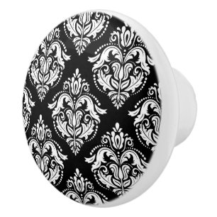 Bouton De Porte En Céramique Elégant noir et blanc damas géométriques motif