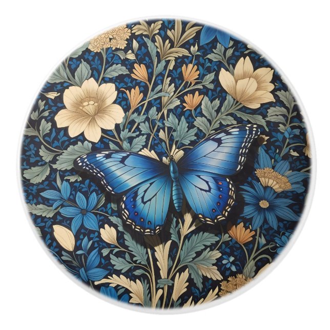 Bouton De Porte En Céramique Elégant Papillon Bleu William Morris Inspiré (Devant)