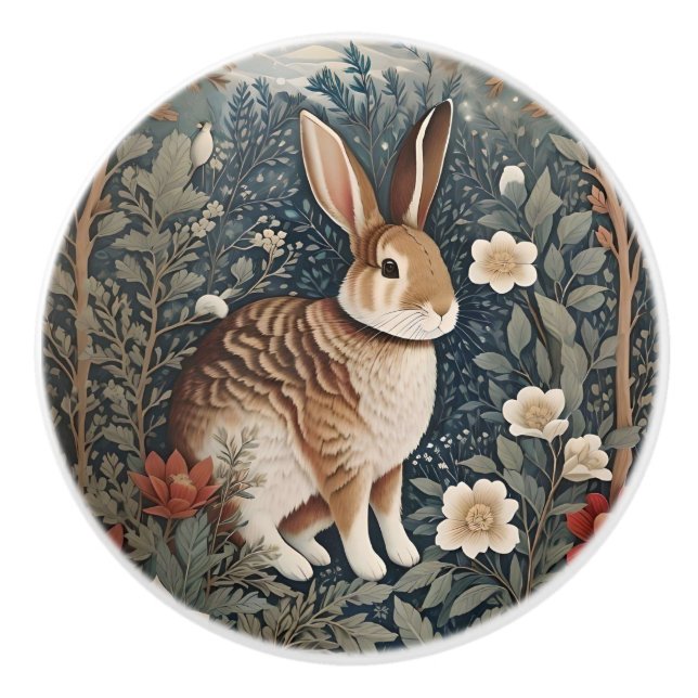 Bouton De Porte En Céramique Elegant Rabbit Framed By Flowers and Leaves (Devant)