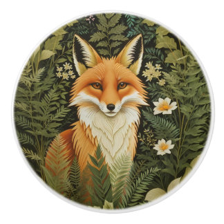 Bouton De Porte En Céramique Elegant Red Fox And Green Foliage