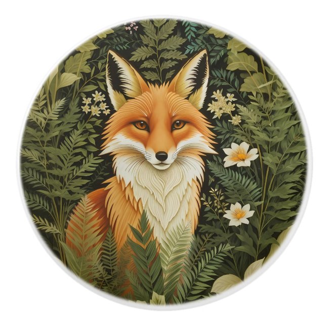 Bouton De Porte En Céramique Elegant Red Fox And Green Foliage (Devant)