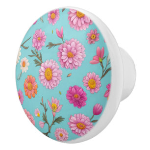 Bouton De Porte En Céramique Élégant rose floral blanc marguerites rose