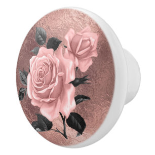 Bouton De Porte En Céramique Élégant Rose Gold Floral Foil