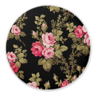 Bouton De Porte En Céramique Élégant rose Vintage Roses-Black Arrière - plan