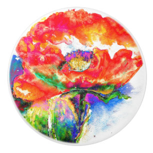 Bouton De Porte En Céramique Elégant rouge pavot classique rouge floral aquarel