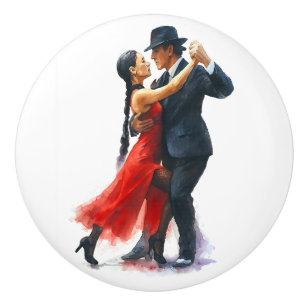 Bouton De Porte En Céramique Élégant Tango Dance Couple en Rouge et Noir