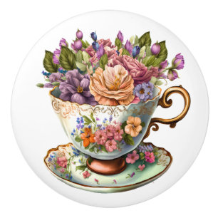 Bouton De Porte En Céramique Elégant Teacup Floral