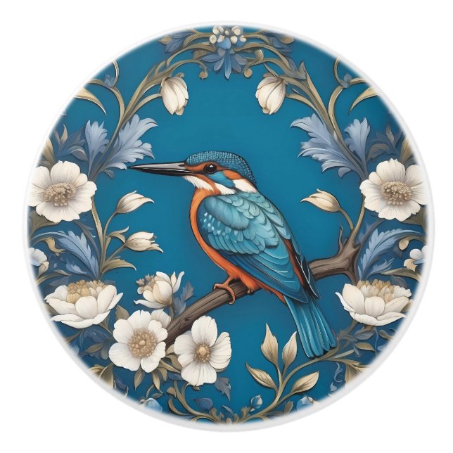 Bouton De Porte En Céramique Élégant turquoise Kingfisher Bird Floral (Devant)