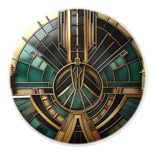 Bouton De Porte En Céramique Elégant Turquoise Or Vert & Noir Art Déco (Devant)