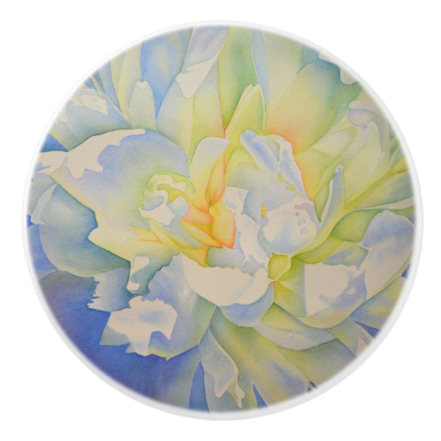 Bouton De Porte En Céramique Elégante aquarelle fleurie de pivoine blanche (Devant)
