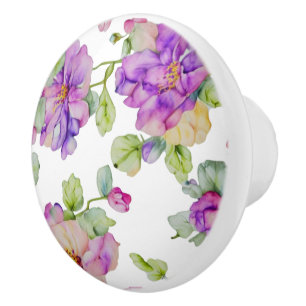 Bouton De Porte En Céramique Elégante couleur rose violet aquarelle florale