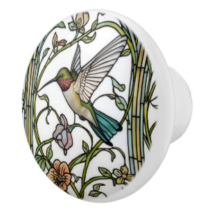 Bouton De Porte En Céramique Élégante illustration de colibri botanique boho ch