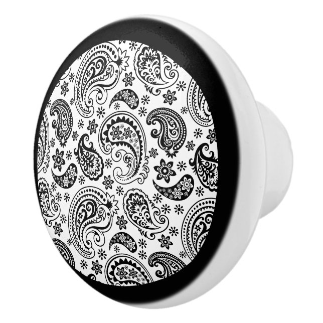Bouton De Porte En Céramique Elégante Paisley Florale Noir Et Blanc 2a (Droite)