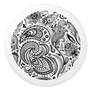Bouton De Porte En Céramique Elégante Paisley Florale Noir Et Blanc 2a
