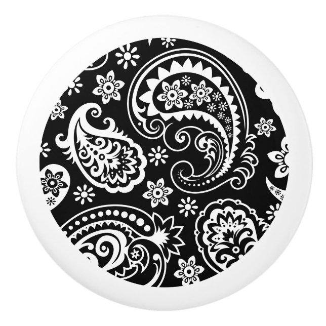 Bouton De Porte En Céramique Elégante Paisley Florale Noire Et Blanc (Devant)