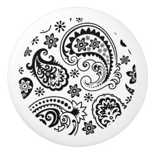 Bouton De Porte En Céramique Elégante Paisley Florale Noire Et Blanc 1a