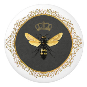 Bouton De Porte En Céramique Élégante Reine abeille grise or jaune française