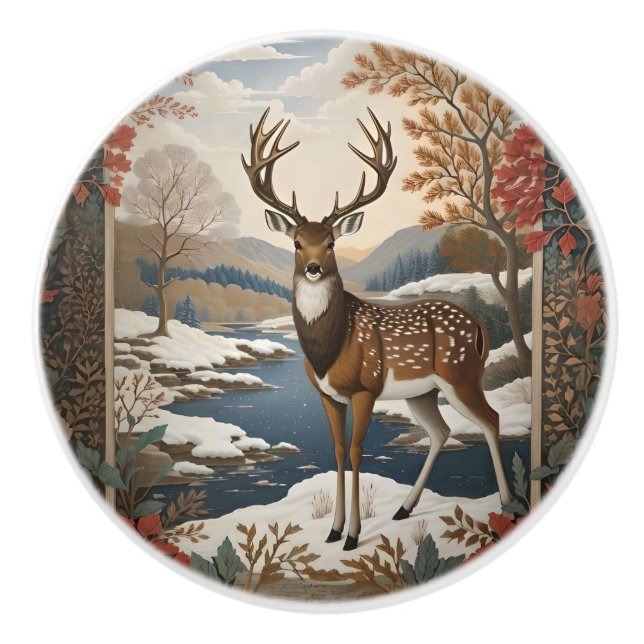 Bouton De Porte En Céramique Élégante scène hivernale de cerfs (Devant)