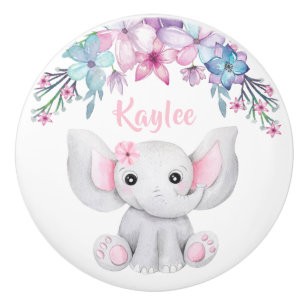 Bouton De Porte En Céramique Eléphant Bébé Couleur D'Aquarelle Pour Fille