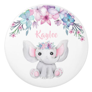 Bouton De Porte En Céramique Eléphant Bébé Couleur D'Aquarelle Pour Fille